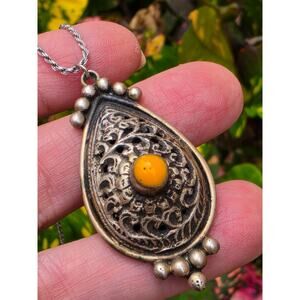 VTG Sterling Silver Filagree Ornate Scrollwork Middle Eastern Pendant Necklace